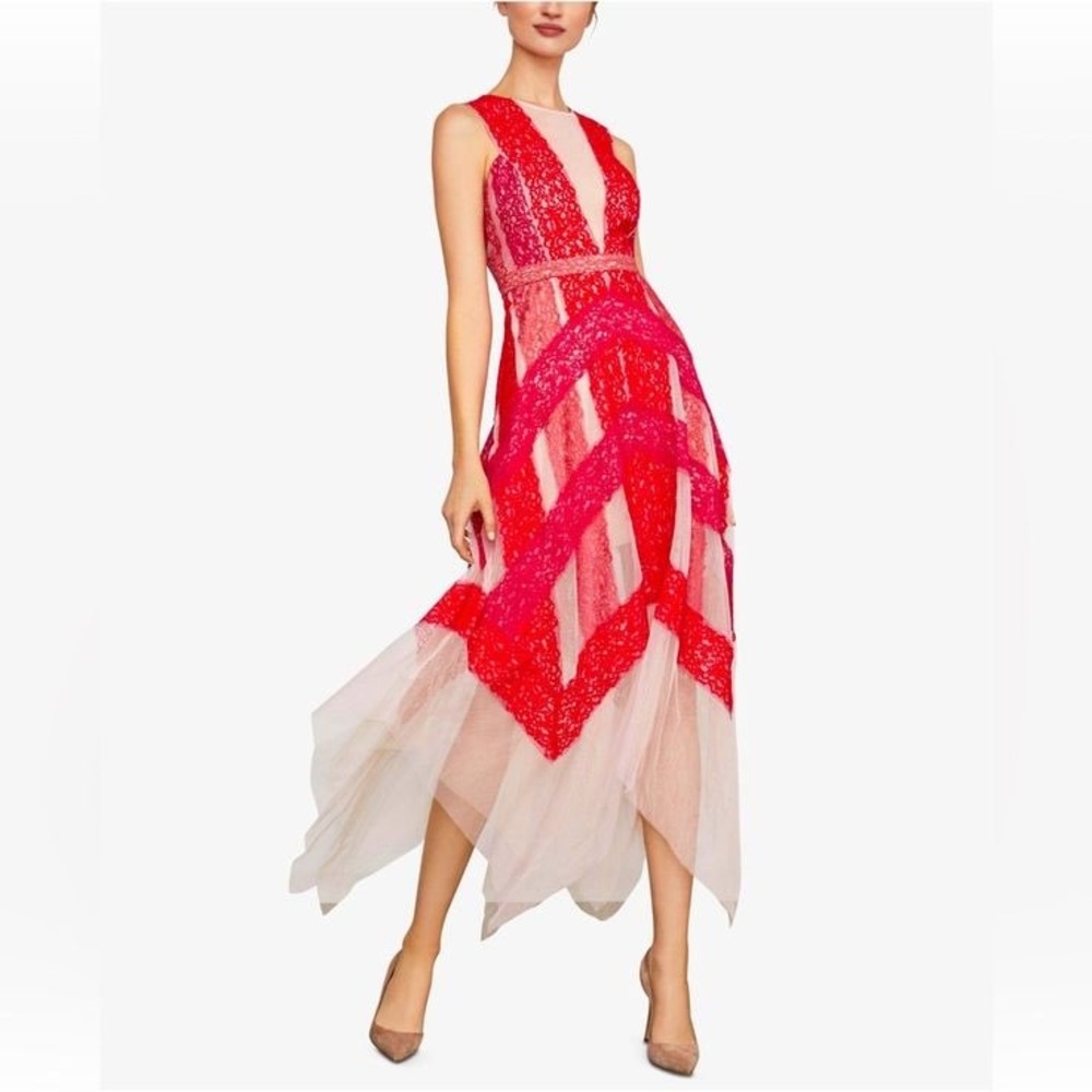 BCBG Pink Red Lace Handkerchief Hem Midi Dress Size 10 fairy evening formal